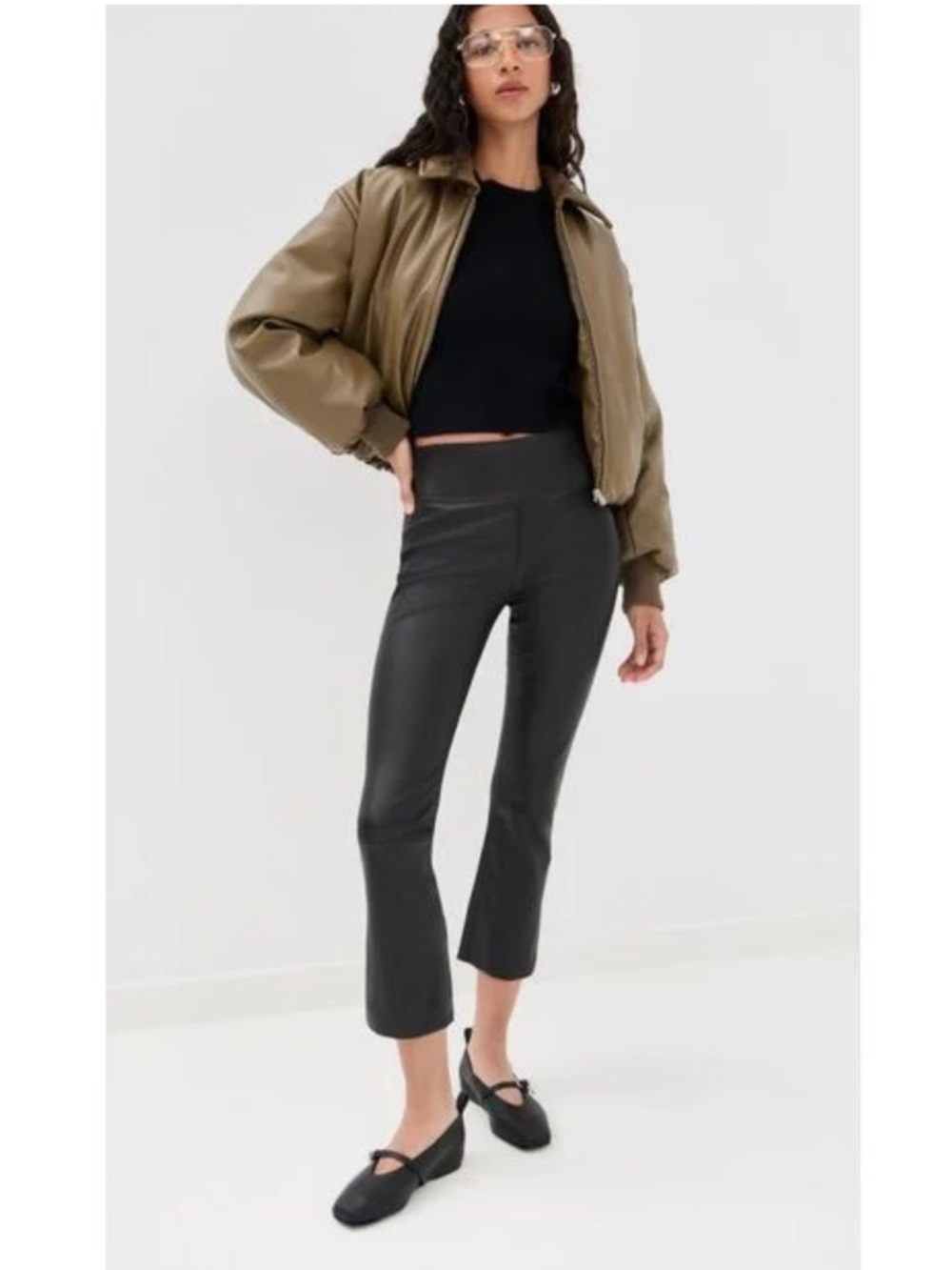 SPRWM 100% Lamb Leather High Rise Stretch Black Crop Flare Pants XS - Picture 2 of 9